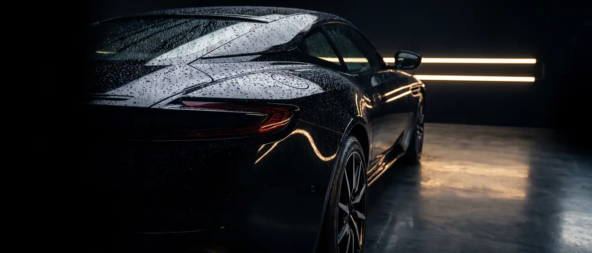 Water beading off the ceramic-coated rear quarter of a black sedan in a dark studio